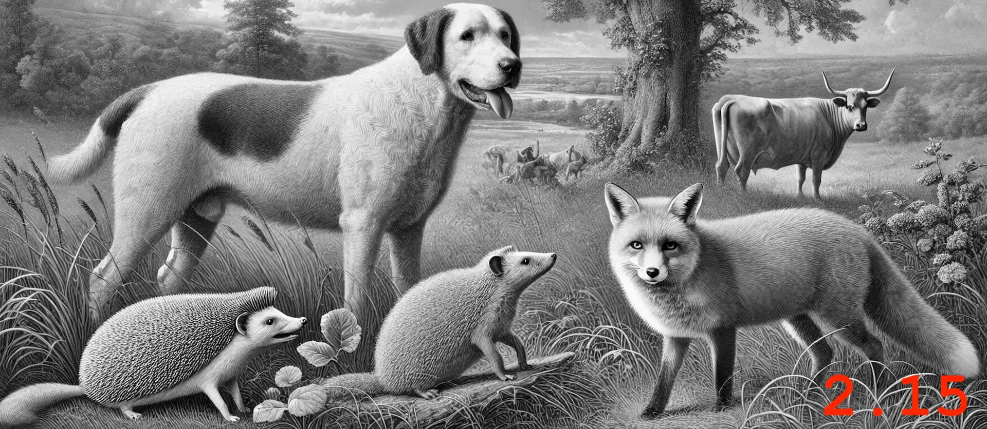 A dog, cow, hedgehog, and fox in a field together